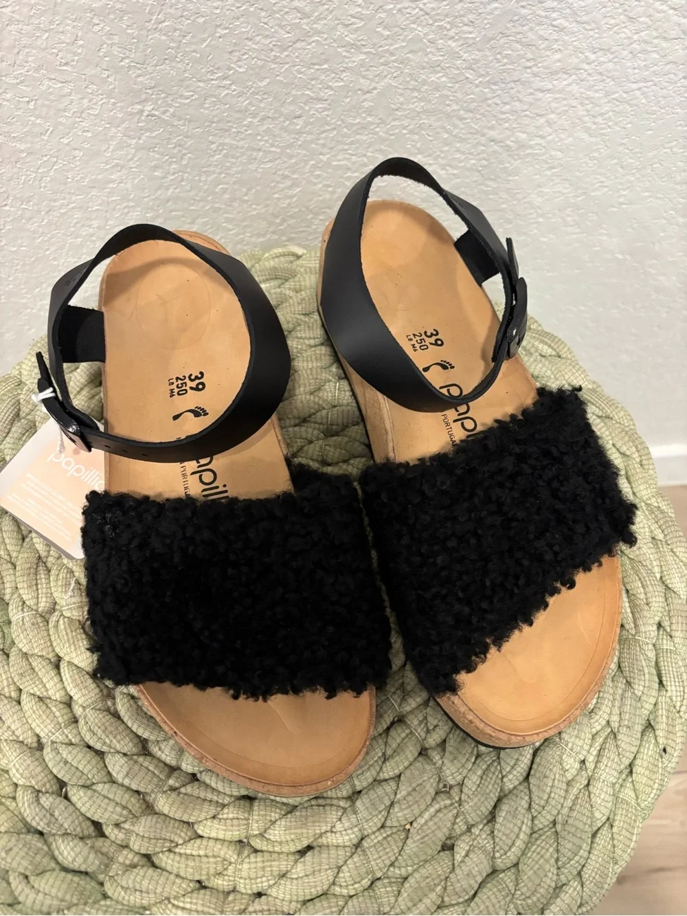 NEW Birkenstock Papillio Glenda Black Teddy Shearling Leather Ankle Strap Sandal